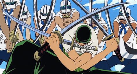 Zoro siendo liberado de la cruz por Luffy