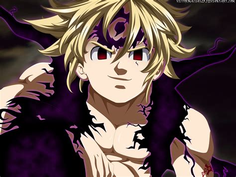 Ilustración de Meliodas en Modo Asalto con marcas demoníacas y energía oscura