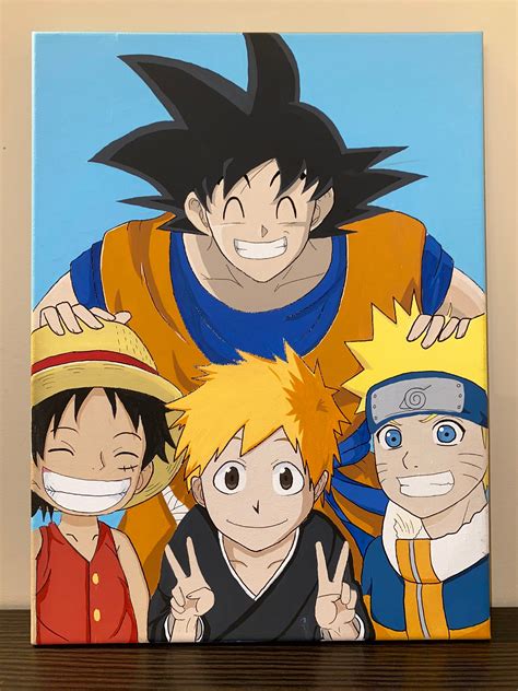 Ilustración de Goku, Luffy, Naruto y Ichigo juntos