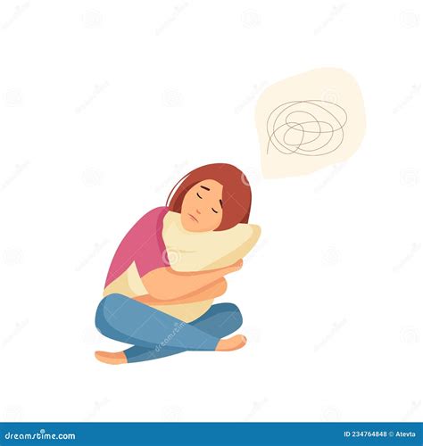 Ilustración de una persona triste abrazando una almohada