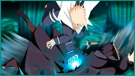 Minato Namikaze luchando contra Tobi y el Nueve Colas