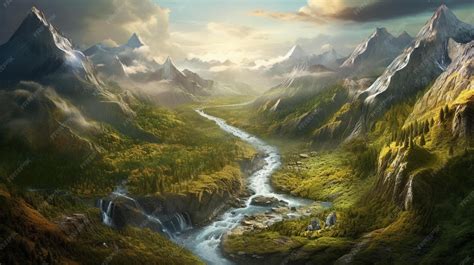 Paisaje de fantasía con montañas y río