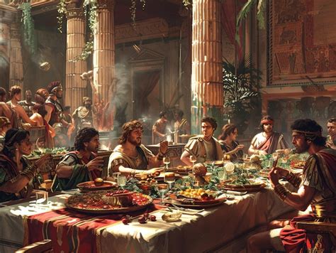 Representación artística de un banquete romano con efebos sirviendo vino