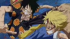 Luffy golpeando a Bellamy con fuerza