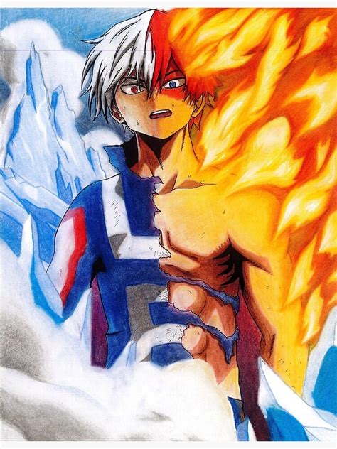 Ilustración de Shoto Todoroki usando sus poderes de hielo y fuego