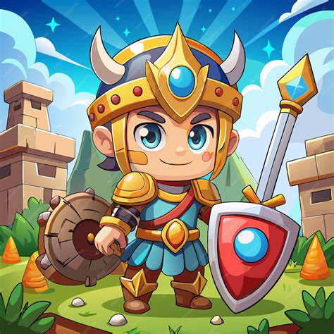 Ilustración de un avatar de guerrero en un entorno de fantasía