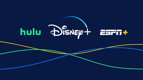 Ilustración de los logos de Disney+, Hulu y ESPN+ con iconos representando películas, series y deportes.