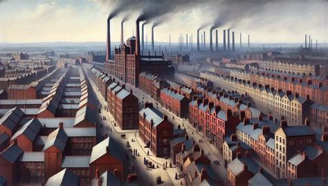 Ilustración de una ciudad industrial mágica con elementos de fantasía