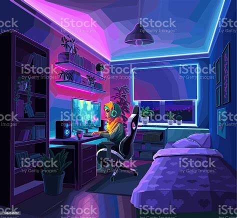 Ilustración de una streamer moderna en su habitación