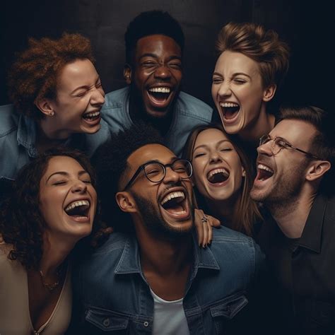 Grupo de personas riendo en un escenario.