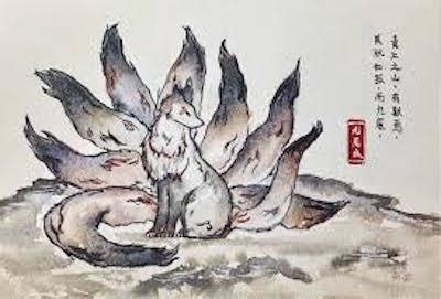 Obra de arte japonesa representando al zorro de nueve colas
