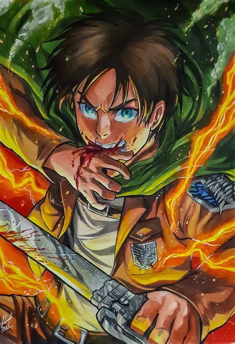 Ilustración de Eren Jaeger preparándose para luchar contra un Titán
