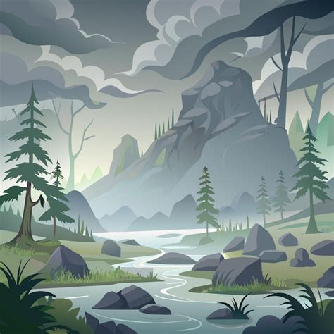 Ilustración de una densa niebla cubriendo un paisaje con siluetas de monstruos emergiendo.