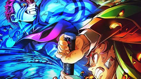 Tanjiro y Giyuu Tomioka luchando contra Akaza