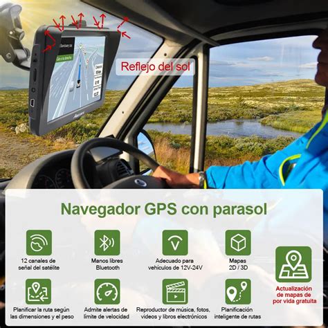 Imagen de un navegador GPS con una visera integrada, mostrando la pantalla clara bajo luz solar