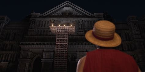 Ilustración de Luffy en la plataforma de ejecución en Loguetown
