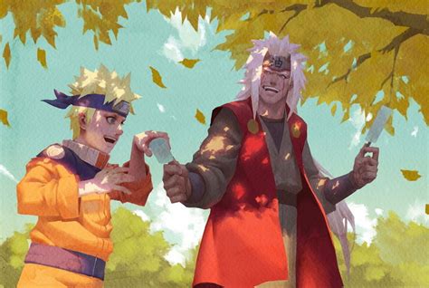 Ilustración de Jiraiya con personajes masculinos amigables y de gran corazón