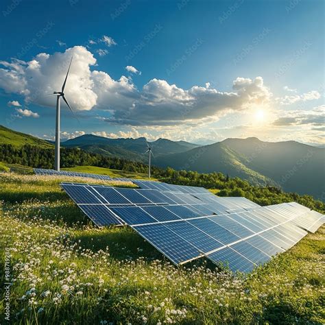 Paneles solares y turbinas eólicas en un paisaje montañoso