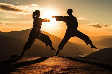 Joven practicando artes marciales en la montaña