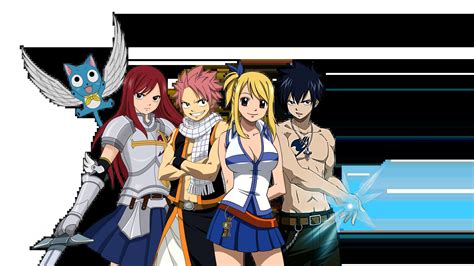 Equipo principal de Fairy Tail: Natsu, Lucy, Happy, Erza y Gray
