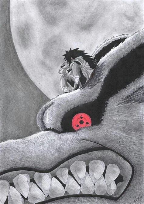 Ilustración de Madara y Kurama luchando