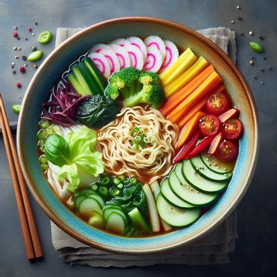 Tazón de ramen de temporada con verduras frescas