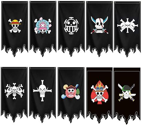 Ilustración de diferentes banderas Jolly Roger de One Piece