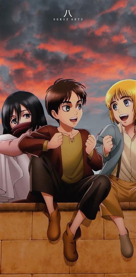 Ilustración de Armin, Eren y Mikasa adolescentes