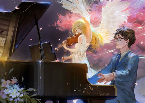 Kōsei Arima tocando el piano con tristeza