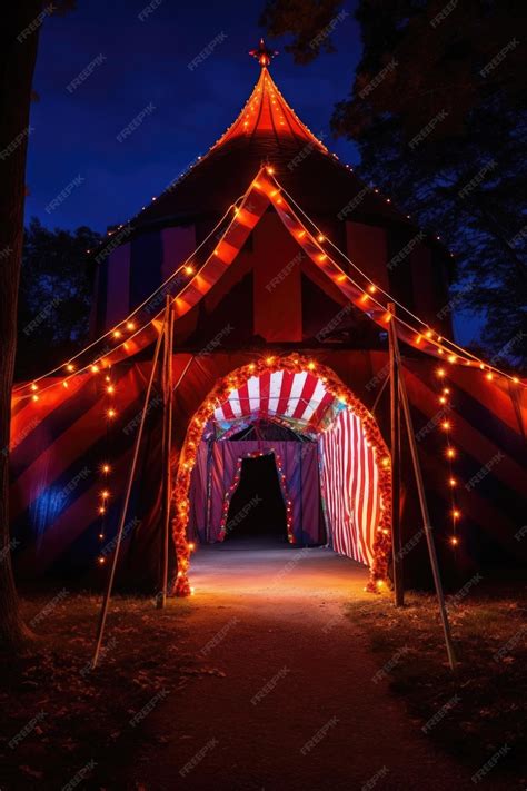 Entrada de circo oscuro con carpa negra y luces tenues