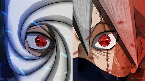 Ilustración de Kakashi Hatake recibiendo el Sharingan de Obito Uchiha