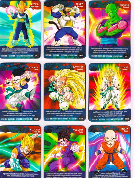 Ilustración de cartas coleccionables de Dragon Ball con varios personajes.