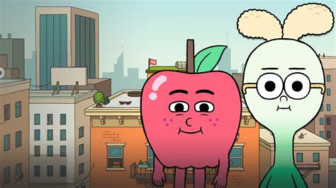 Familia de frutas antropomórficas: Manzana, Cebollín y su hija Limonada