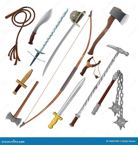 Ilustración de diversas armas demoníacas con sus nombres y descripciones.