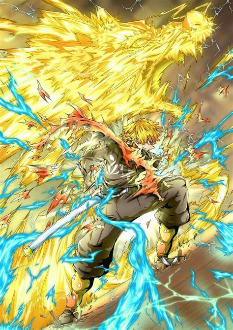 Ilustración de Zenitsu usando la Séptima Postura