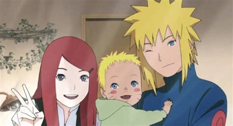 Minato y Kushina protegiendo a Naruto del ataque del Kyūbi