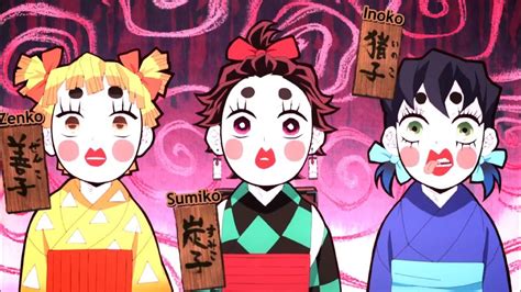 Tanjiro, Zenitsu e Inosuke vestidos de mujer