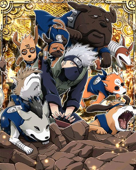 Ilustración de varios Ninken de Kakashi