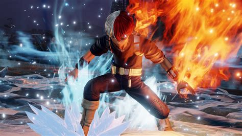 Shoto Todoroki usando sus poderes de hielo y fuego