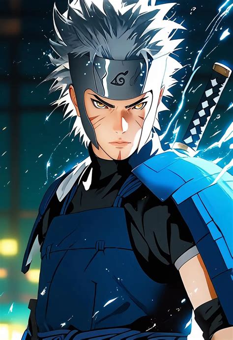 Ilustración de Tobirama Senju con su característica armadura azul.