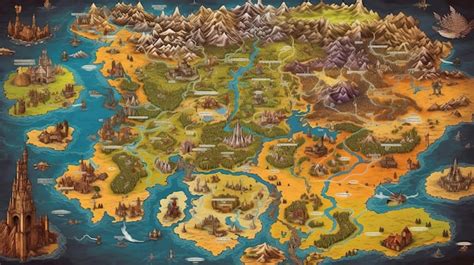 Mapa conceptual de un mundo de fantasía con diferentes reinos y localizaciones