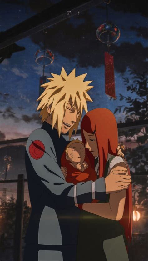 Arte conceptual de Kushina y Minato protegiendo a Naruto
