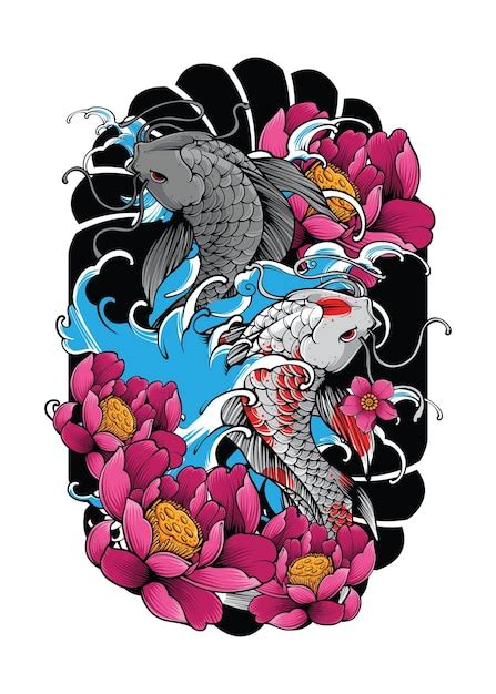 Composición de tatuaje japonés con carpas koi, olas y flores de cerezo