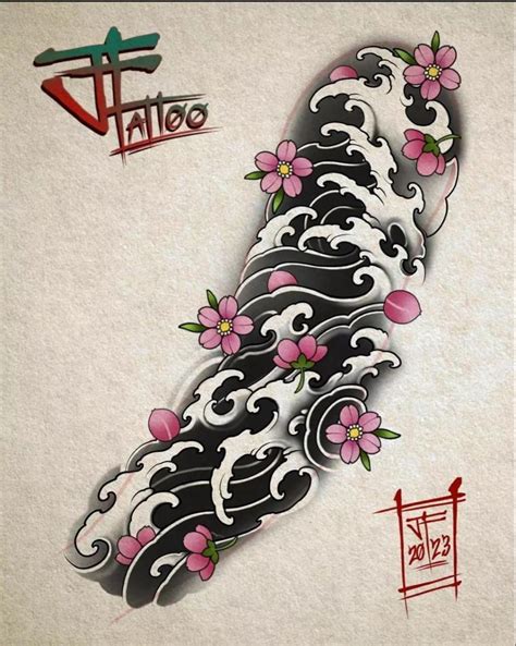 Manga de tatuaje japonés con geisha y flores de cerezo