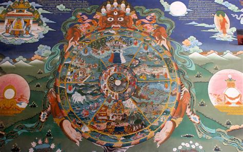 Diagrama que ilustra el ciclo de reencarnación (Samsara).