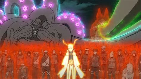 Naruto compartiendo chakra de Kurama con la Alianza Shinobi