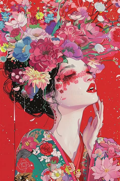 Ilustración de Renge con su kimono y cabello oscuro