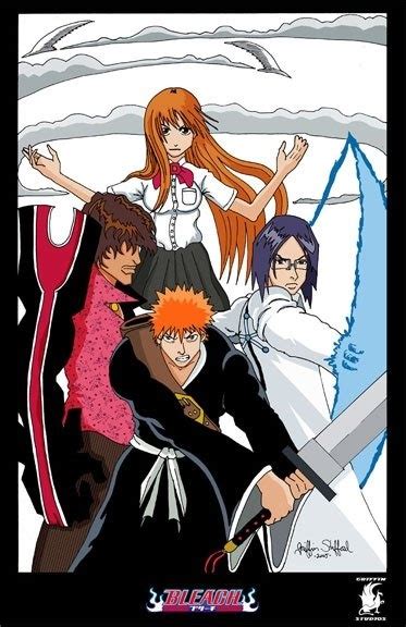Ilustración de Ichigo, Uryu, Orihime y Chad luchando contra hollows