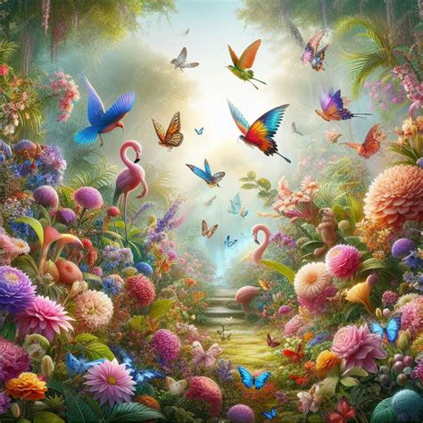 Paisaje natural con flores, pájaros y luna