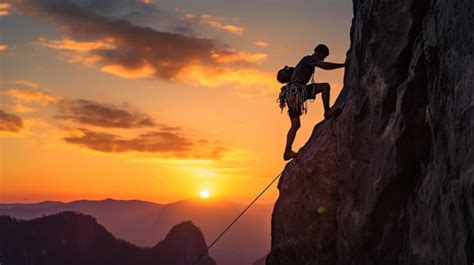 Ilustración de una persona escalando una montaña con el sol naciente
